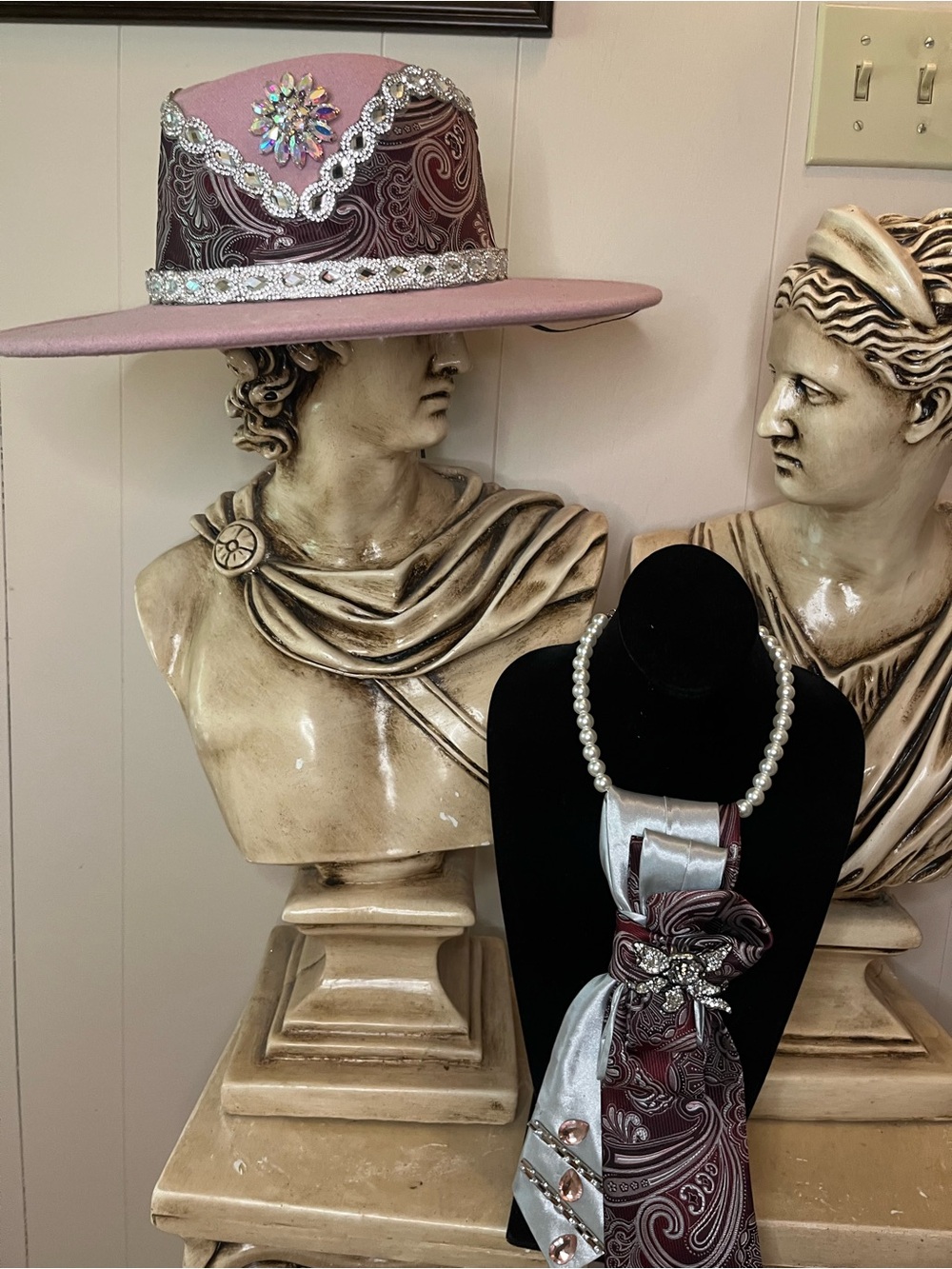 Embellished Pink Wide-Brim Hat with Silver Accents and matching necktie necklace